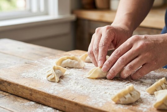A chef's hands are carefully pleating and folding homemade gyoza dumplings on a flour-dusted wooden board.