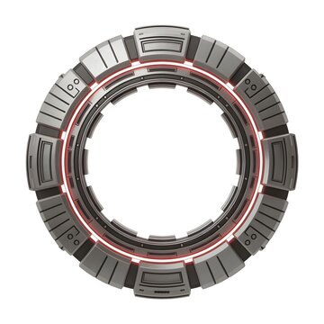 Intricate circular mechanical device with complex internal components and red accents.