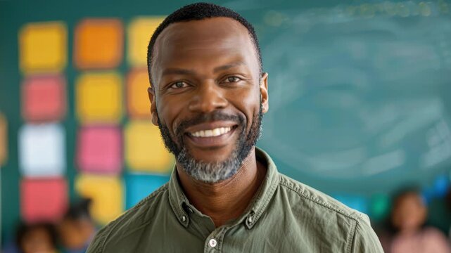 Smiling Educator: A warm and inviting portrait of an educator, radiating positivity and expertise, framed by a classroom environment.