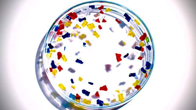 Microplastics colorful plastic fragments petri dish top view laboratory sample macro 4K