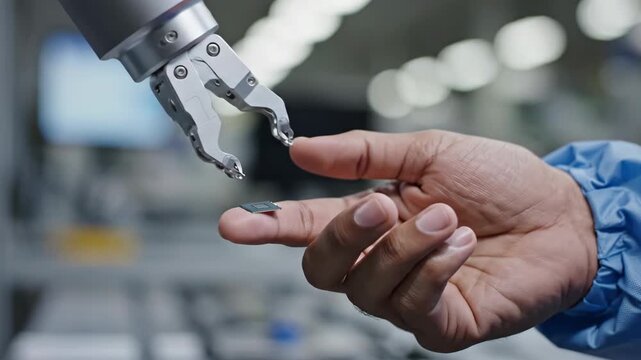 Extreme Close Up of Collaborative Robot Handing Microchip to Human Technician, Precision Human Robot Interaction in Advanced Automated Manufacturing