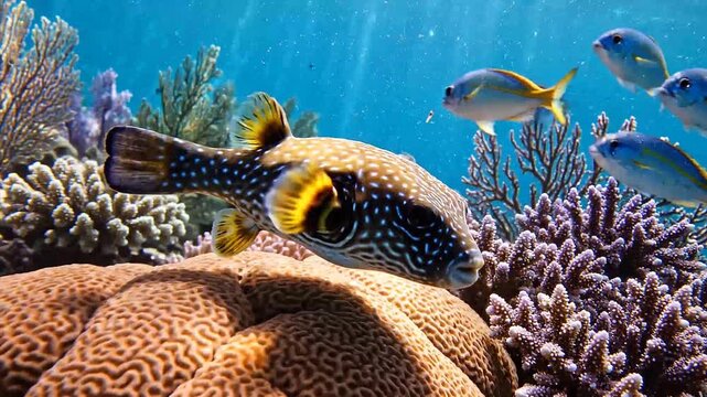 White-spotted Pufferfish Swimming Over Brain Coral Reef.