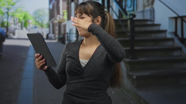 Woman holding tablet pinches nose on a street stoop by steps, grimacing at a strong unpleasant smell; disgust odor reaction.