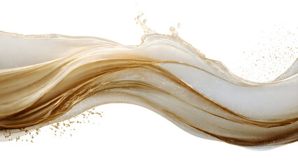 Flowing golden liquid swirling on a smooth white surface
