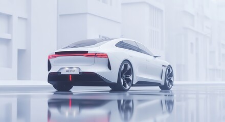 Fototapeta premium Sleek, white futuristic car on a wet street against a minimalist, foggy cityscape