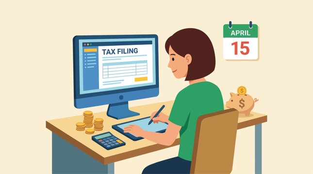 Vector Graphic Illustration of a Woman Filing Her Taxes Online Using Computer and Tablet