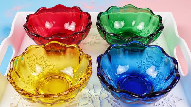 Colorful glass bowls with scalloped edges, arranged on a white tray, each bowl showcasing vivid red, green, yellow, and blue hues,Holi,Festival of Colors,4th March
