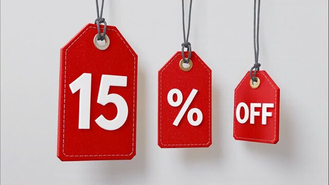 Set of red retail sale tags showing 15% discount on white and grey