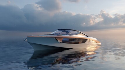 Fototapeta premium A sleek boat is seen on the still water as the sun sets behind clouds in the background reflecting soft light on the surface. The design is smooth and elegant.