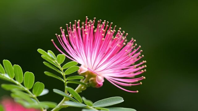 A delicate, cinematic close-up video of a single pink powder puff flower with long, fine stamens. The flower and its green compound leaves sway very gently in a soft, almost imperceptible breeze again