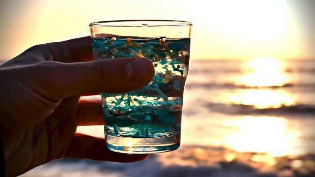 Hand holding glass microplastics contaminated drinking water ocean sunset environmental 4K