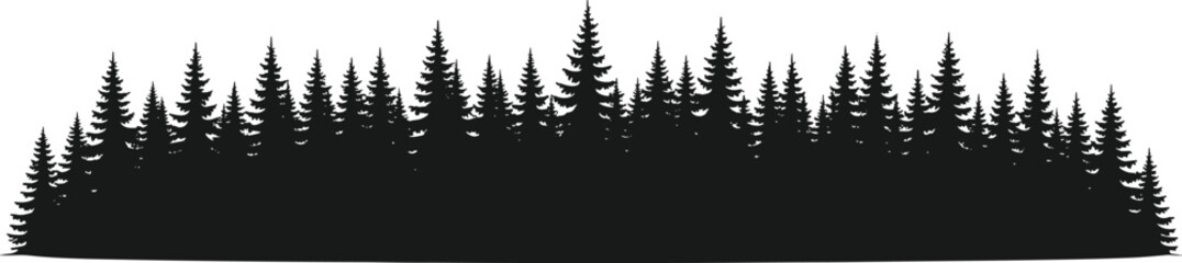 Fototapeta premium Forest silhouette vector illustration, pine tree graphics, conifer woodland drawing, black and white nature art - flat vector illustration
