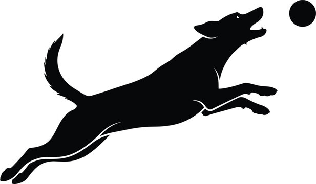 Leaping dog silhouette vector illustration, playful pet graphics, ball catching drawing, black and white animal motion art - flat vector illustration