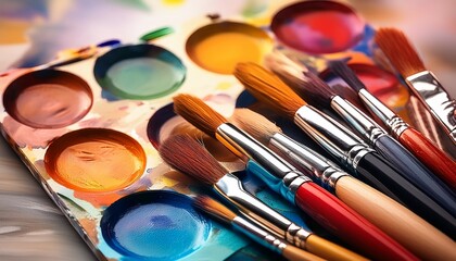 Obraz premium paint palette with assorted colors and brushes close up still life