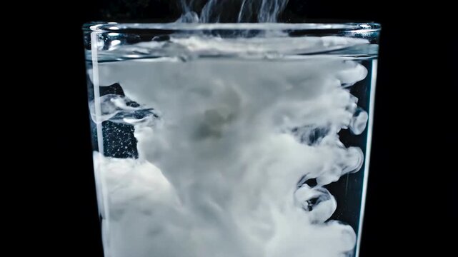 Protein powder dissolving in water glass macro close-up slow motion black background 4K