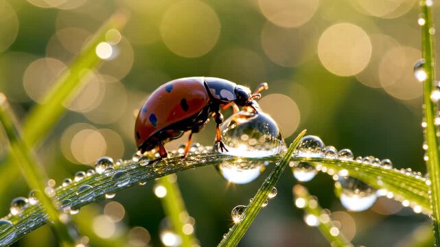 Ladybug on a blade of grass with water droplets in the morning.