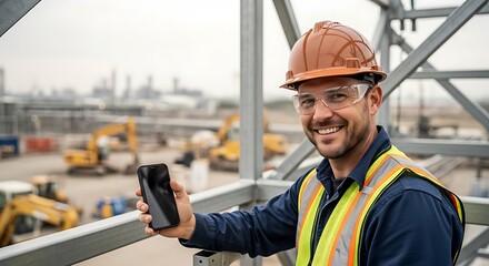 Obraz premium Construction Worker Using Smartphone on Site.