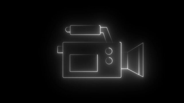 Glowing neon video-camera icon isolated on black background. HD Video motion graphic animation. Glowing neon line video camera icon animation. Glowing Outline Video camera symbol video footage.4k