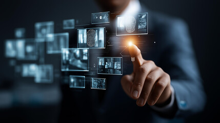 Faceless businessman interacting with AI virtual interface in digital workspace, technology concept, futuristic view, artificial intelligence integration, with copy space