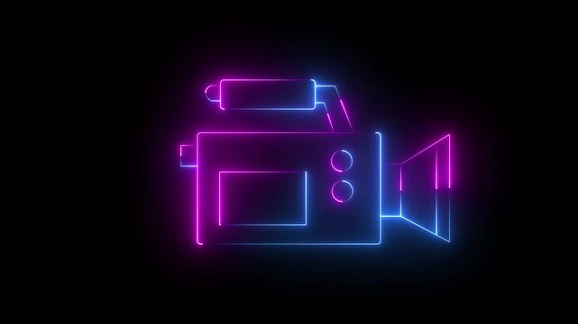 Glowing neon video-camera icon isolated on black background. HD Video motion graphic animation. Glowing neon line video camera icon animation. 4k