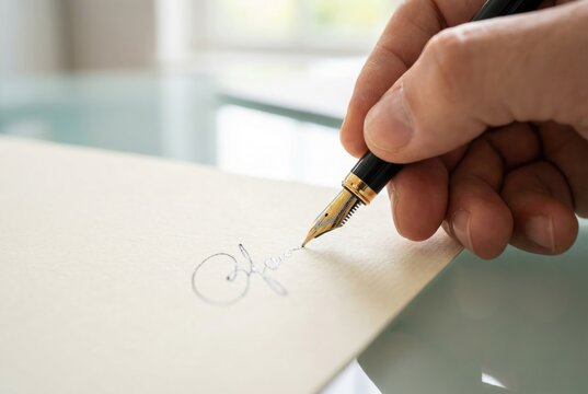 A person's hand signing a document with an elegant fountain pen, creating a signature on a piece of paper.