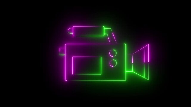 Glowing neon video-camera icon isolated on black background. Glowing neon line video camera icon animation. Glowing Outline Video camera symbol video footage.4k