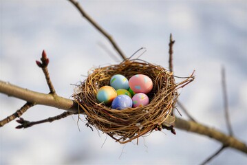 Obraz premium Colorful Easter eggs are arranged in a nest made of dry straw. The nest is sitting on a tree branch. This scene takes place during springtime, capturing a festive vibe.