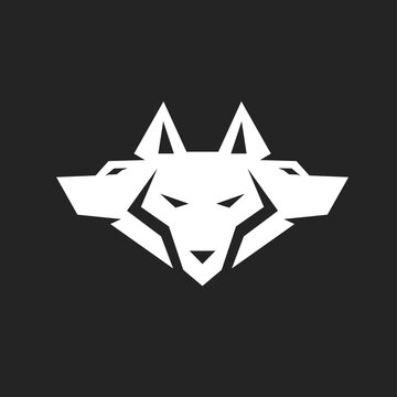 Modern Geometric Three-Headed Wolf Logo. Abstract Cerberus Symbol Design for Power and Strength Branding.
