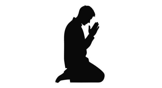 A kneeling man with hands clasped in prayer black silhouette