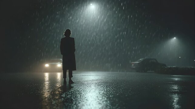 Lonely person standing in heavy rain at night in empty parking lot with car headlights glowing through mist, creating dramatic cinematic scene.