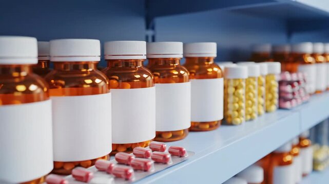 Pharmacy Shelves with Prescription Drugs and Medicine Bottles, Pharmaceutical Background