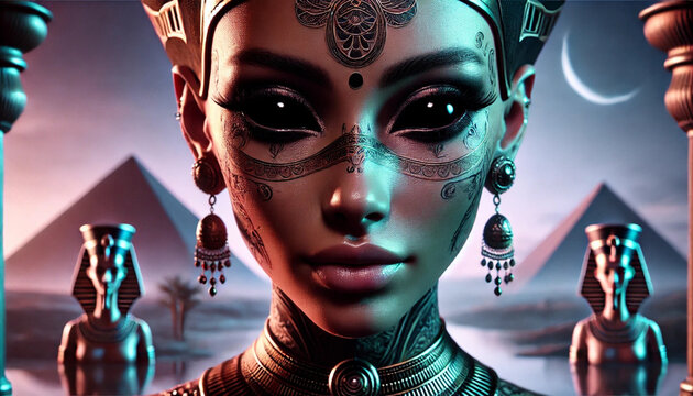 Ancient Egyptian Queen Inspired Woman with Black Eyes, Futuristic Fantasy Portrait