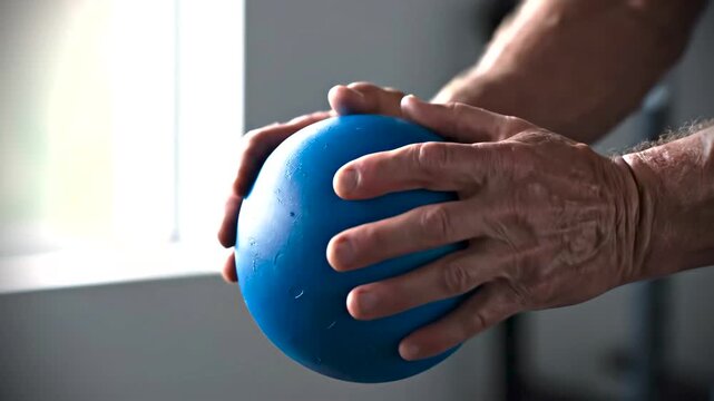 Elderly man hands squeezing blue stress ball grip strength exercise close-up 4K