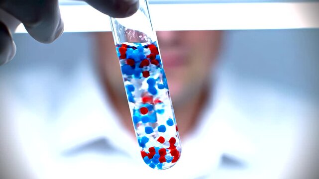 Scientist holding test tube microplastics red blue particles water laboratory research 4K