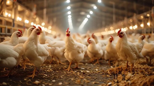 Chickens in a modern poultry farm White broiler hens