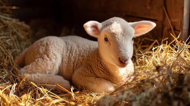 Adorable Lamb Resting in Golden Hay in a Cozy Barn