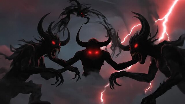 Dark Demons Swirling in Storm with Lightning, Spooky Horror Scene