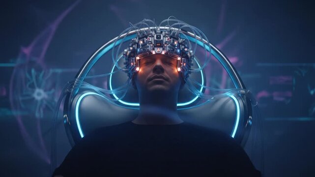 Futuristic Brain Scan with EEG Headset and Holographic Displays