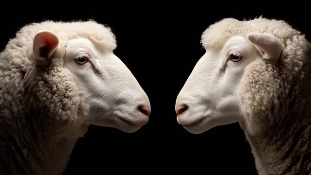 Two White Sheep Face to Face Dark Background Studio Shot