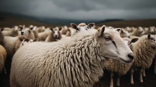 Sheep Flock Close-up Under Cloudy Sky