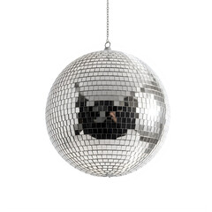 Fototapeta premium Sparkling silver disco ball on white background, reflective mirror sphere for party decor, hanging glitter ball for nightclub and dance events