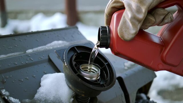 Person in protective glove pouring gasoline from red canister into snowblower tank outdoors. Cold winter atmosphere with snow-covered machine