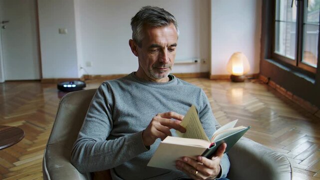 Middle-aged man reading an interesting book while a robot vacuum cleaner works on the floor. Cozy domestic scene with warm lighting in a modern living room. Smart home and relaxation concept.