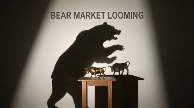 Bear market shadow looms over bull and bear figurines on wooden table. Dimly lit room with white wall as backdrop. Concept of finance, investment, business strategy