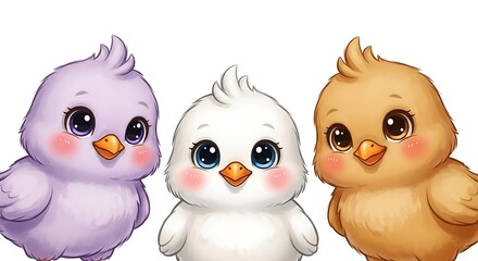 Obraz premium Three cartoon chicks, purple, white, and yellow, with large eyes and pink cheeks
