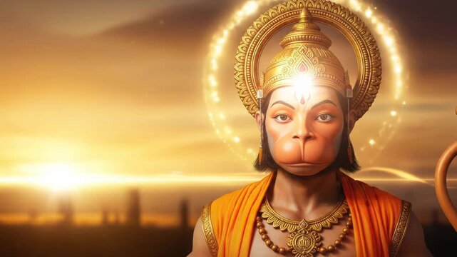 Hanuman Jayanti: Divine Monkey God Lord Hanuman, Hindu Deity, Golden Aura, Sunset Background
