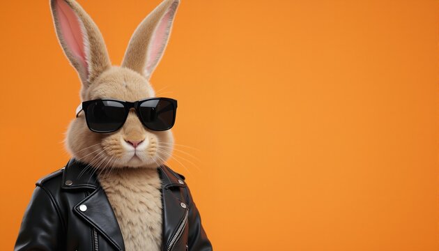 Badass looking Easter bunny character with black sunglasses and leather jacket on orange background, original Easter design with copy space
