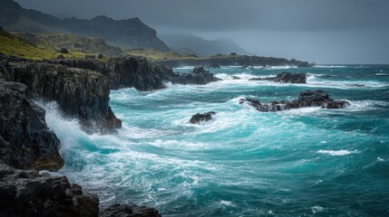 Waves hit the rugged cliffs along the coastline. The ocean shows deep blue colors while clouds cover the sky. The scene captures the beauty of nature and movement of water.