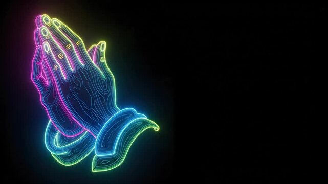Neon praying hands with colorful lights on a black background