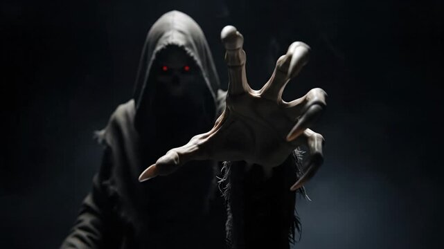 Scary Grim Reaper with glowing red eyes and skeletal hand reaching out in darkness